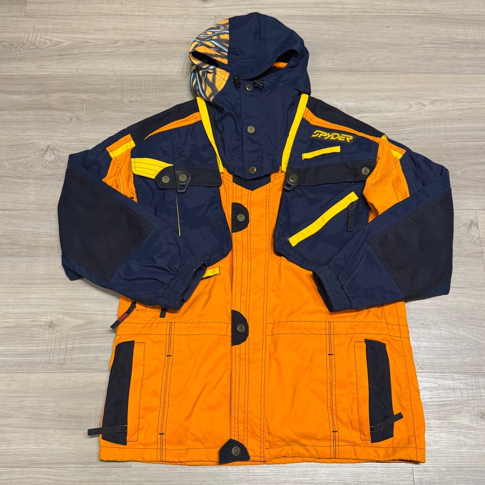 Vintage Spyder Tommy Moe Ski Jacket Mens M Orange Navy 90s Snowboard Hooded